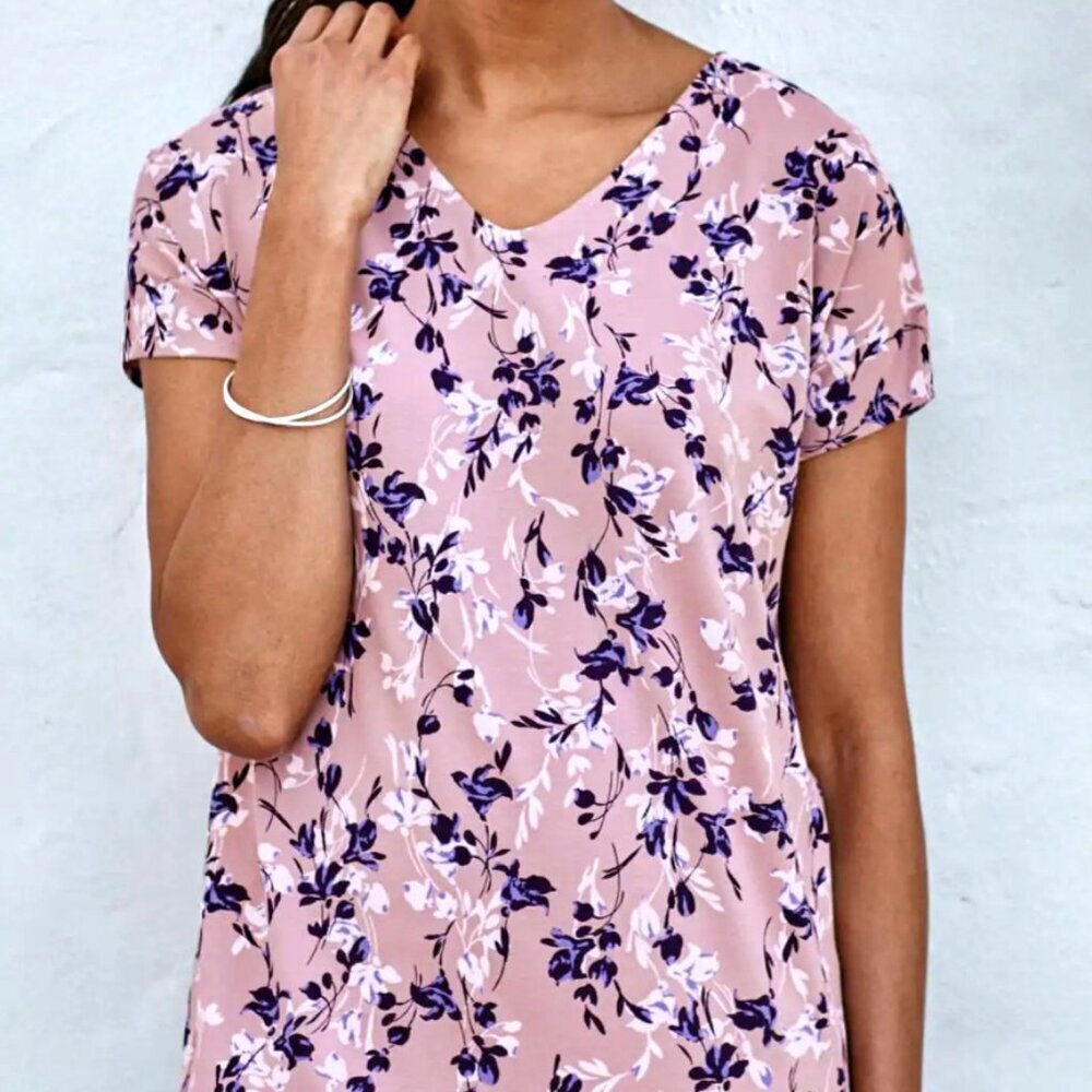 J Jill Wearever Collection SZ SP Pink Floral Print Short Sleeve Pleat Back Top